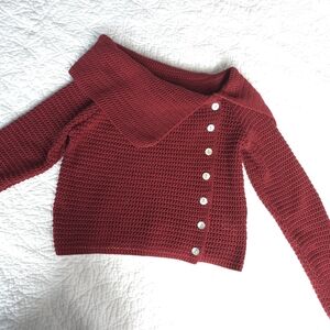 Commense Off Shoulder Cowl Neck Knit Cropped Button Burgundy Sweater